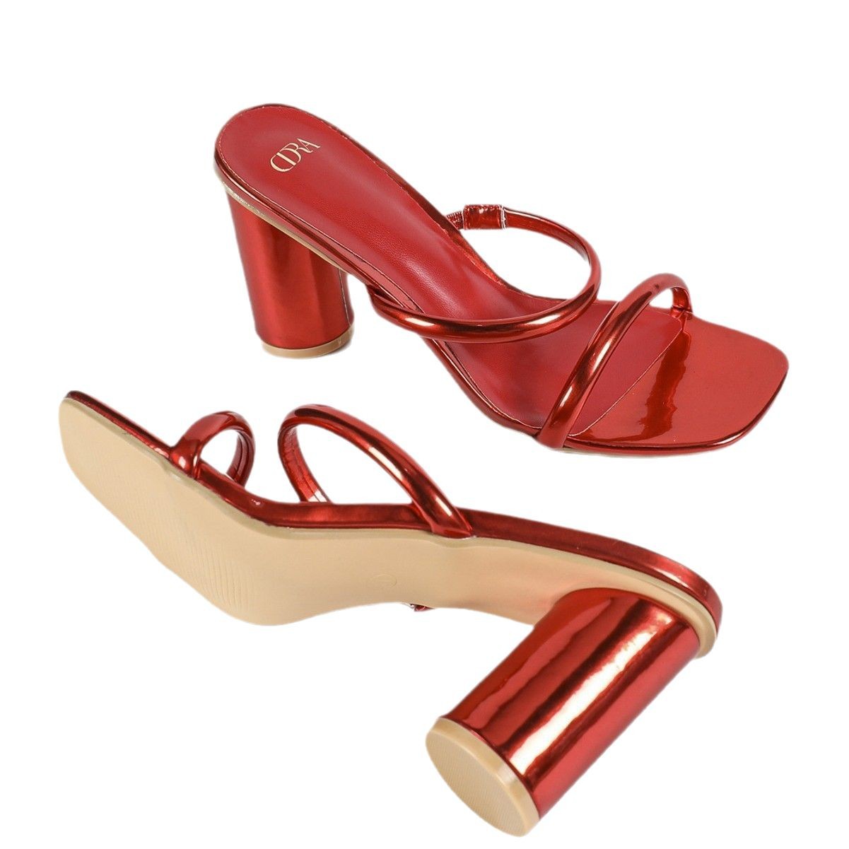 Cross-border large-sized flip-flops for summer 2024, new European and American style square-toed, thick-heeled high heels for wearing with a one-strap strap Item Picture