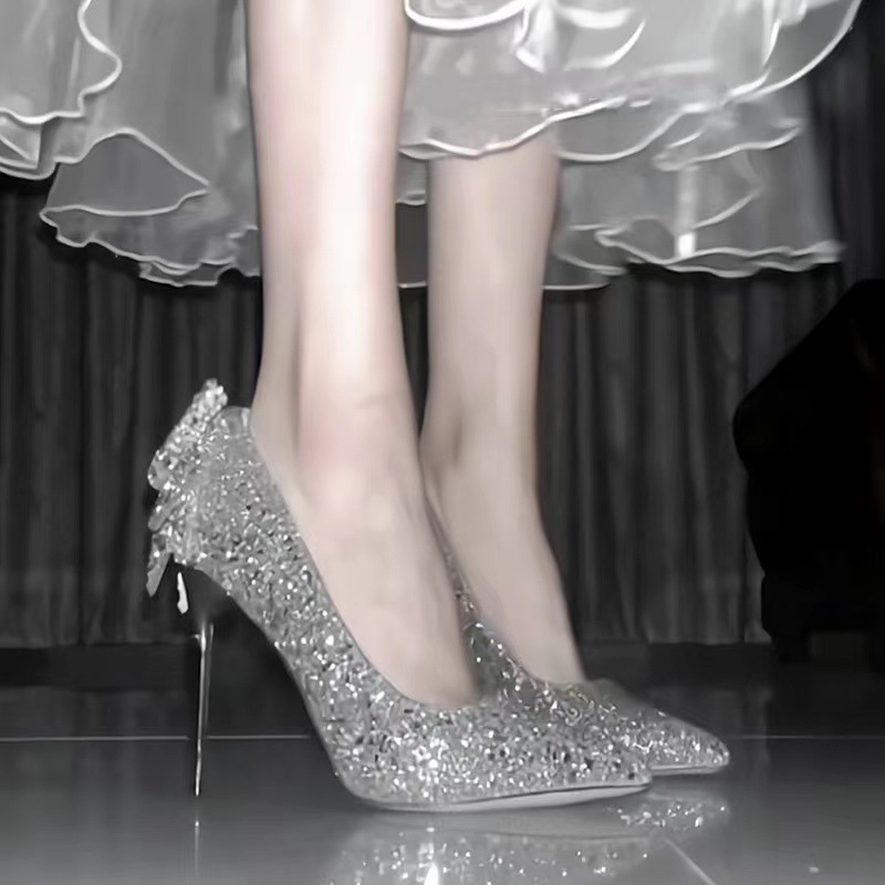 New Spring and Autumn 2025 crystal diamond silver bow high heels for women with slender heels, high-end style, bridesmaid French wedding shoes for women Specification drawing