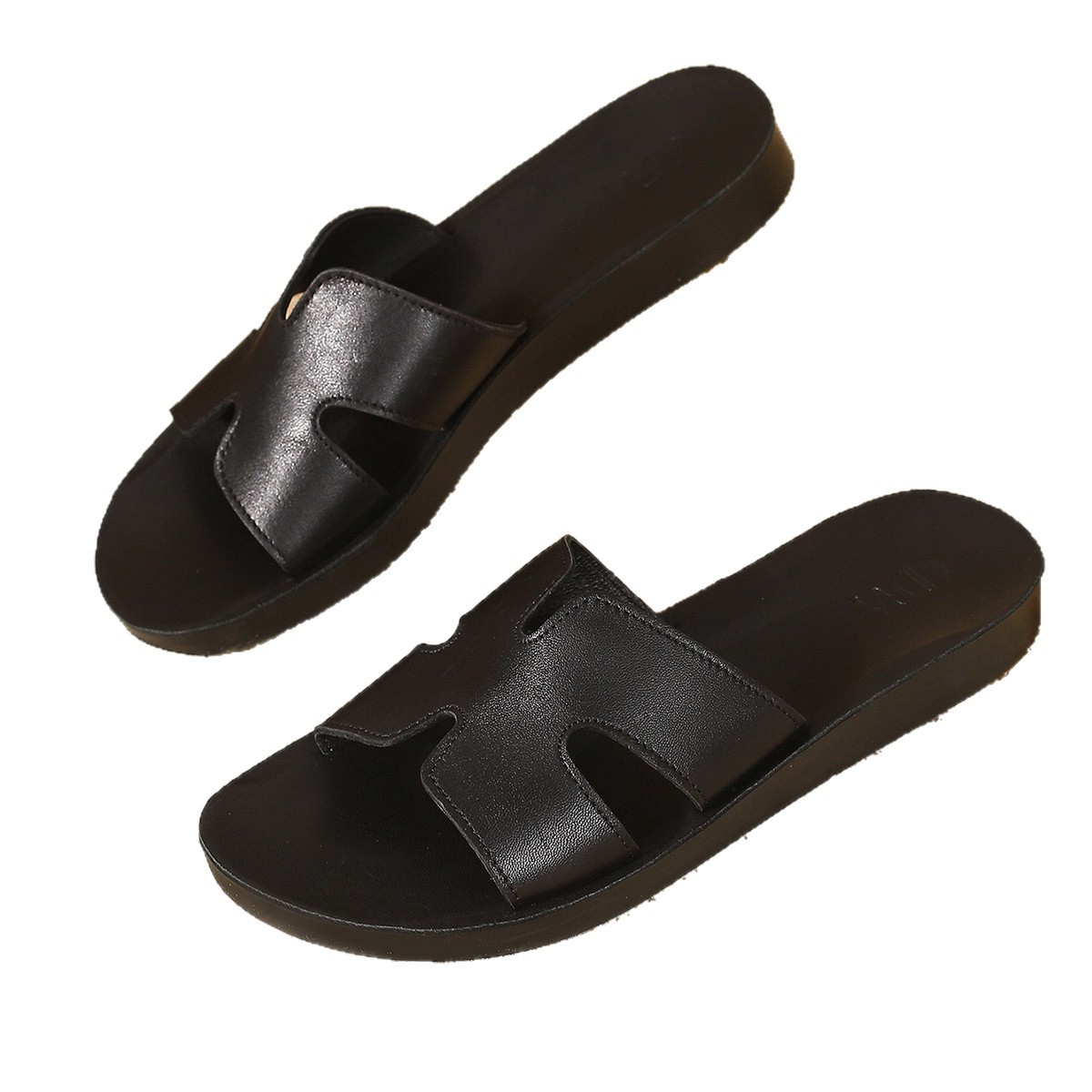 Classic H-shaped flat leather slippers with a soft and comfortable top layer of cowhide, retro black cool slippers for women's outerwear wholesale Item Picture