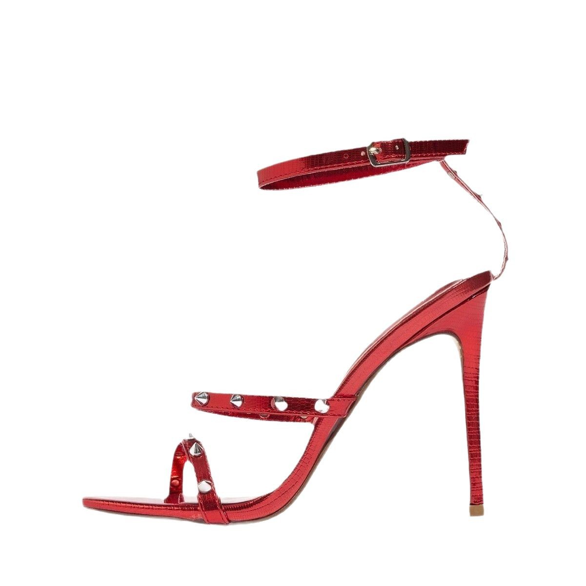 New high-heeled, pointed metal riveted, one-line buckle, thin-heeled, cross-border, large-sized red open-toe sandals for women from Europe and America Item Picture