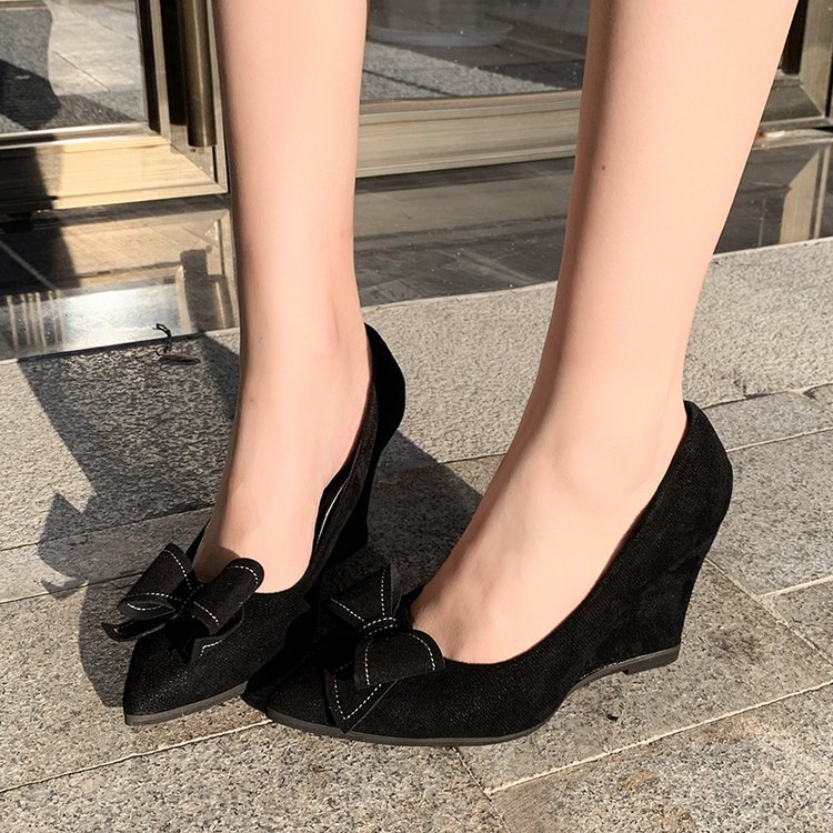 New Korean version bow thick-soled wedge heel pointed-toe shallow-mouth women's single shoes for Spring and autumn 2025 details Picture