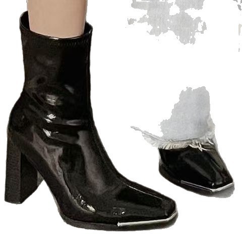 Pluse-sized high heels, short boots, 2025 autumn/winter new Martin boots, women's fleece slim short boots, square toe, thick heel Item Picture