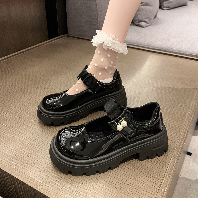 Black French thick-soled Mary Jane small leather shoes for women 2025 new spring, paired with skirts, round-toe pearl chunk-heeled single shoes Specification drawing