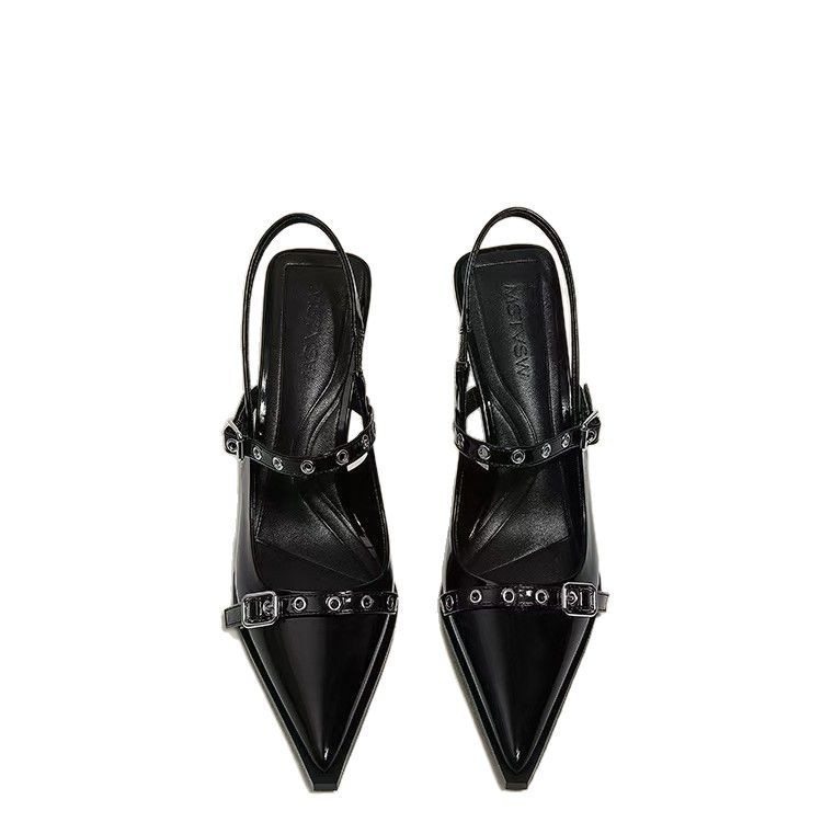 High-heeled women's 2025 summer new black pointed-toe, thin-heeled French one-strap, flip-top, shallow-mouthed single shoe Item Picture