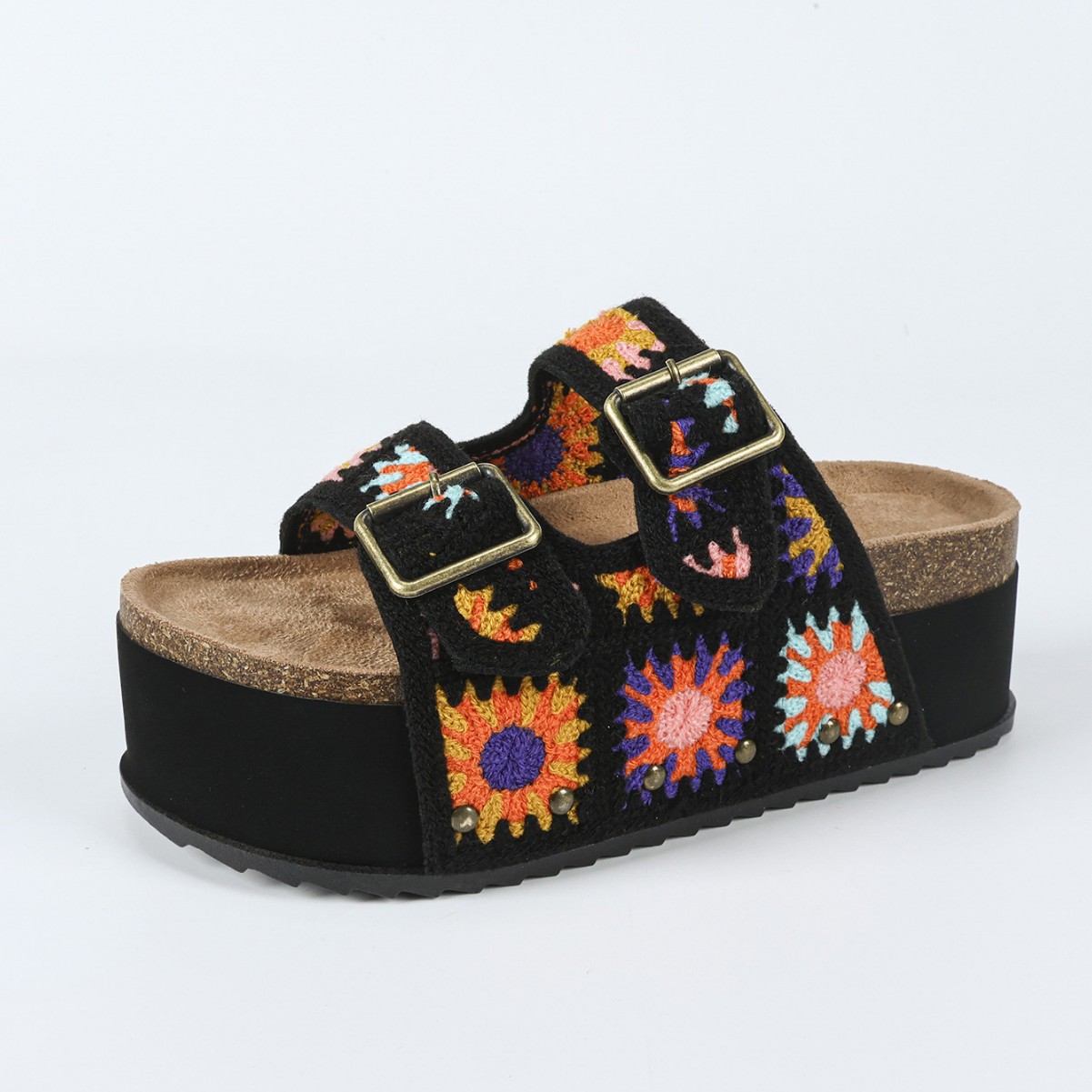 2025 New large-sized foreign trade slippers for women, thick-soled one-button, colorful sunflower, European and American casual cool slippers Item Picture