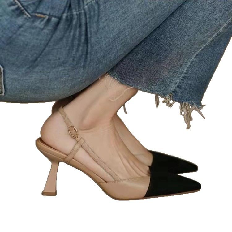 French niche flip-flops for women, 2025 summer new style, pointed-toe one-button color-blocked thin-heeled shallow-toed high heels Item Picture