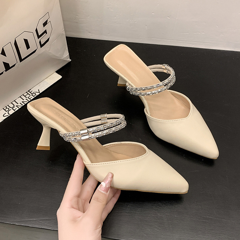 Women's mid-heel flip-flops, summer outerwear, pointed-toe thin-heel rhinestone back empty single shoes, 2025 new style Specification drawing