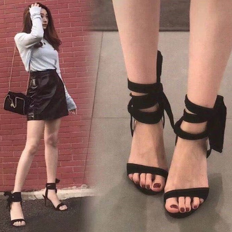 Women's 2025 Summer new Korean-style high-heeled open-toe sandals with thin heels and sexy cross-laced women's shoes full figure
