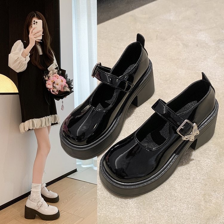 Black chunky-heeled thick-soled small leather shoes for women, 2025 new summer versatile jk with skirt, high-heeled French Marie Jean shoes details Picture