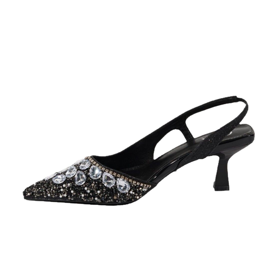 Cross-border CDRA crystal sandals for women with a backheel and a single heel, square heel and pointed toe, a stylish fashion show style, are available for export consignment Item Picture