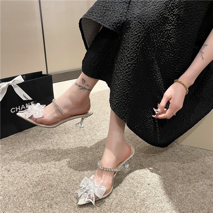 High-heeled fairy style 2023 summer fashion outerwear, pointed-toe rhinestone square buckle transparent one-strap thin heel slippers Application Scenario