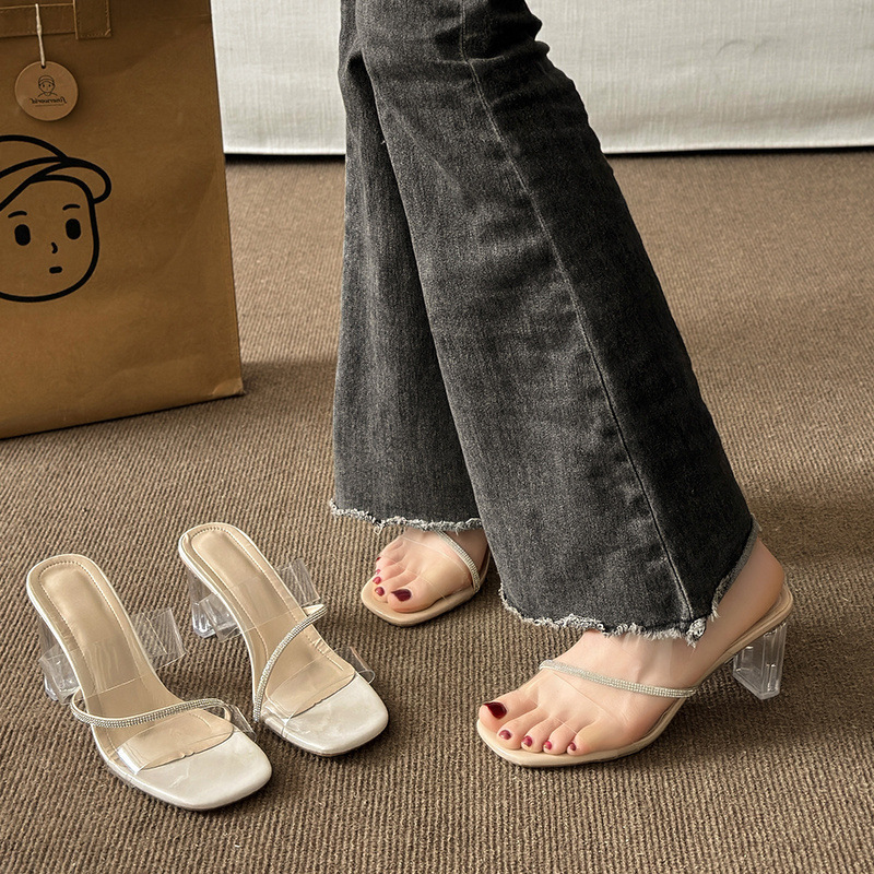 High heels for women's outerwear, 2025 Summer new fashion round head, thick heel, popular crystal slippers, women's sandals Specification drawing