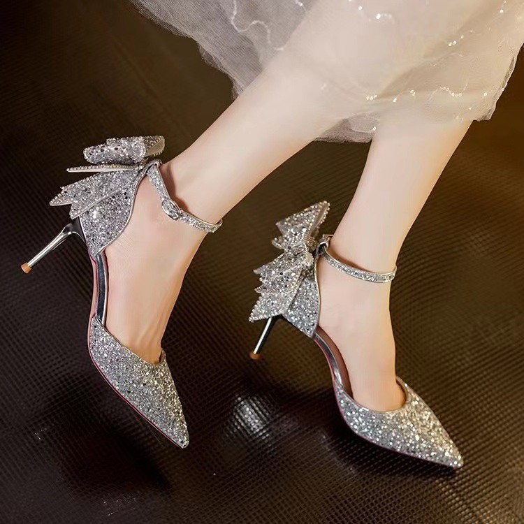 New Spring and Autumn 2025 crystal diamond silver bow high heels for women with slender heels, high-end style, bridesmaid French wedding shoes for women full figure