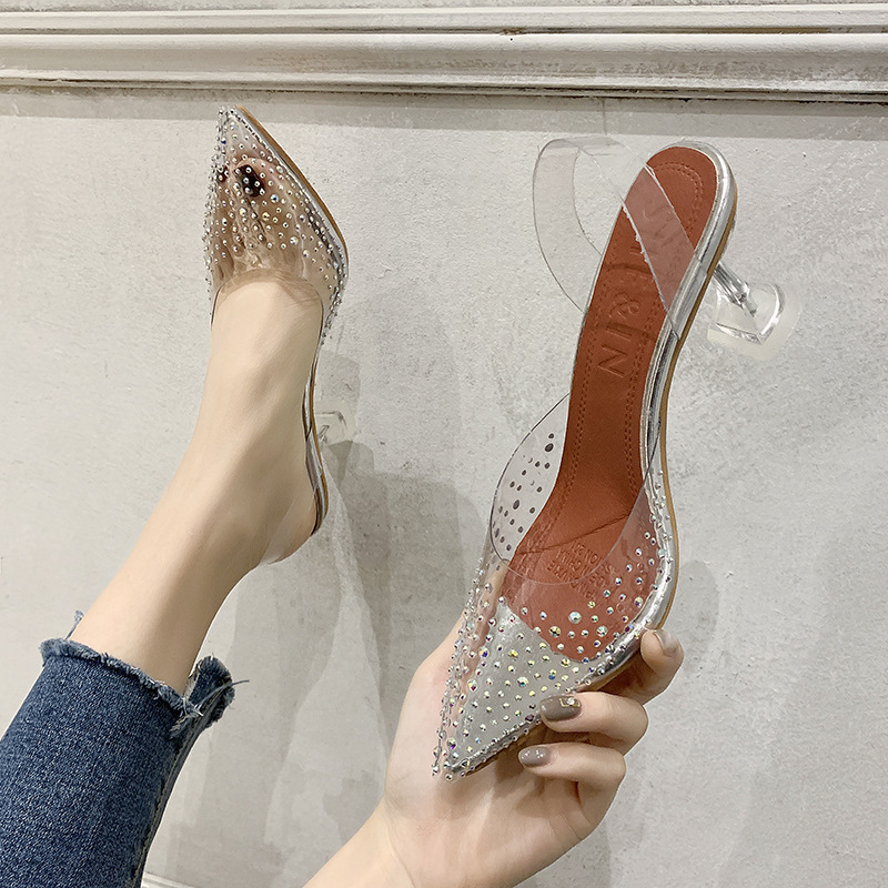 2024 Summer new Korean-style transparent rhinestone thin-heeled sandals, crystal shoes, women's shoes, high heels, plus-size export full figure