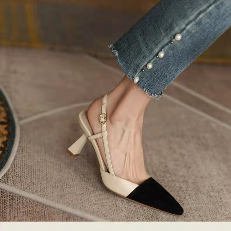 French niche flip-flops for women, 2025 summer new style, pointed-toe one-button color-blocked thin-heeled shallow-toed high heels details Picture