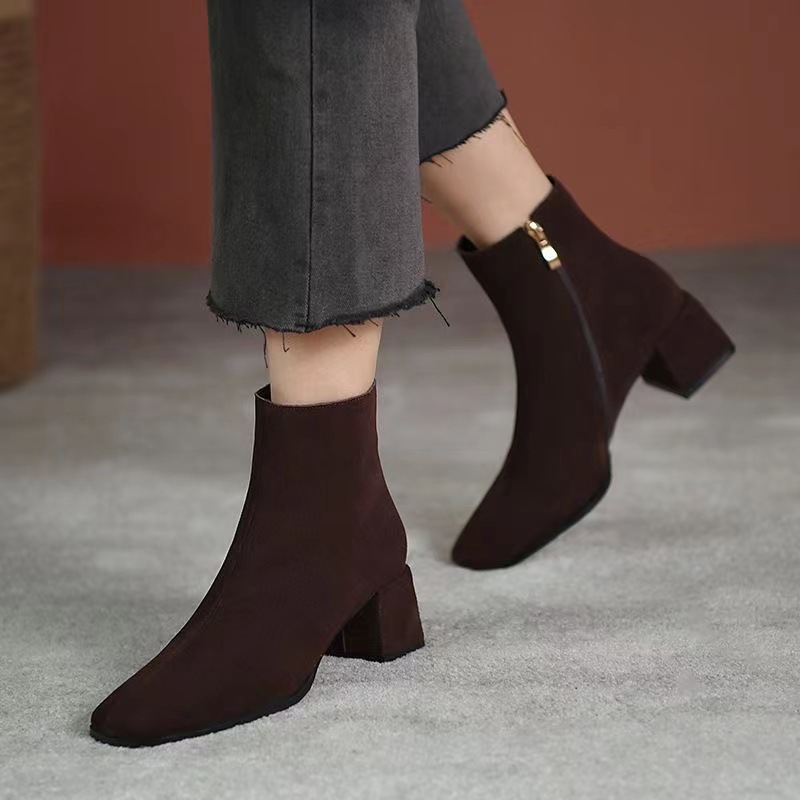Short boots for Women 2025 Spring and Autumn New style Chunky-heeled boots, pointed high heels, mid-heeled short boots, suede women's boots, versatile boots details Picture