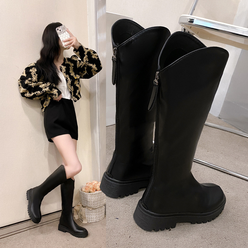 The 2025 autumn/winter new mid-heel square heel round toe long boot women's European and American fashion thick-soled export women's boots that do not reach the knee full figure