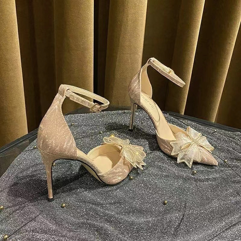 Women's Summer sandals 2023 New style water diamond hollow bow bridesmaid shoes High heels Fairy pointed-toe single shoes Women's thin heels details Picture
