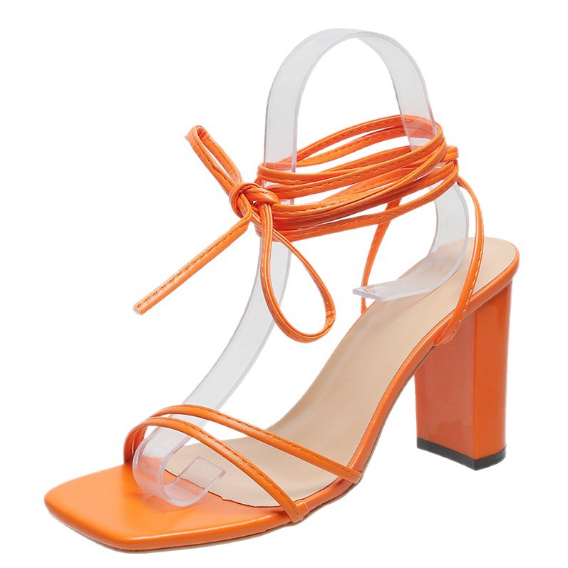 European and American niche lace-up high heels, large-sized summer new square-toed ankle lace-up European and American high-heeled sandals Item Picture
