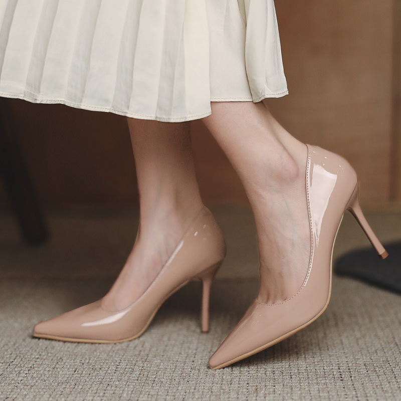 Nude high heels with thin heels, 2024 new Spring and Autumn style, patent leather, French pointed-toe, shallow opening, versatile, professional style, single shoes for women Application Scenario