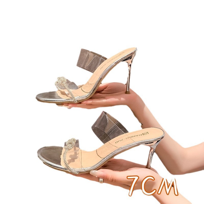 This summer, the Korean version of the new large-sized flip-flops with rhinestones and twist, paired with transparent high-heeled sandals and one-strap women's shoes Item Picture