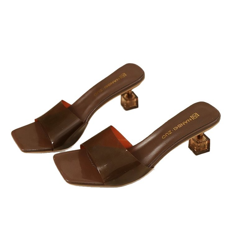 New high-heeled transparent flip-flops for women wearing large-sized French crystal thin-heeled square-toed one-piece flip-flops outside Item Picture