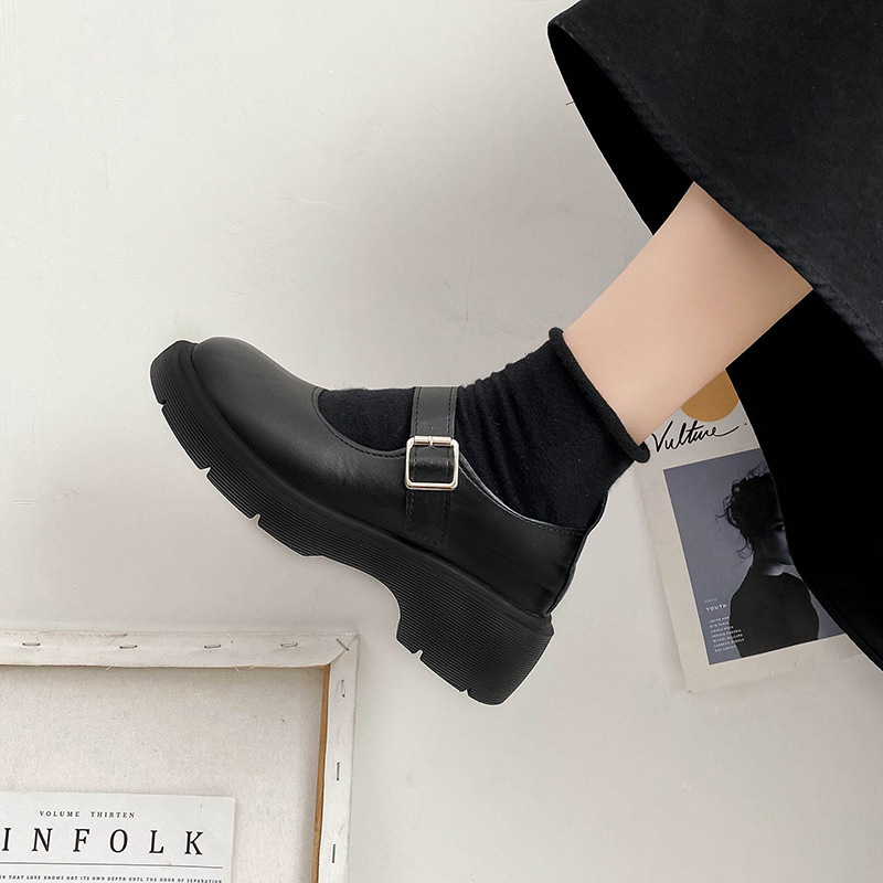 High-heeled women's 2025 autumn new round toe thick heel versatile retro Japanese-style small leather shoes black Mary Jane shoes Specification drawing