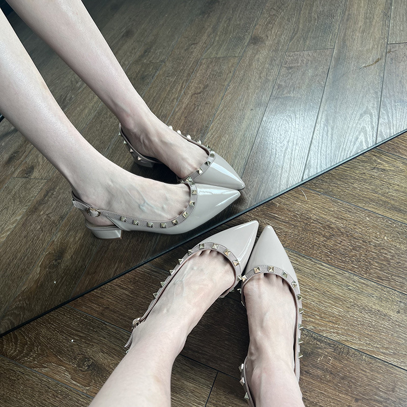 French nude chanel-style single shoes for women 2024 new style rivet hollow small leather shoes summer dress with high-heeled sandals details Picture