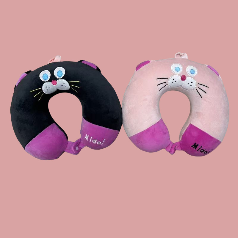 动物刺绣小猫咪卡通动漫周边乳胶颈枕可爱卡通u型旅行汽车高铁飞机旅行旅游枕头午睡记忆棉素色护颈枕回弹绒立方记忆棉U枕U型枕