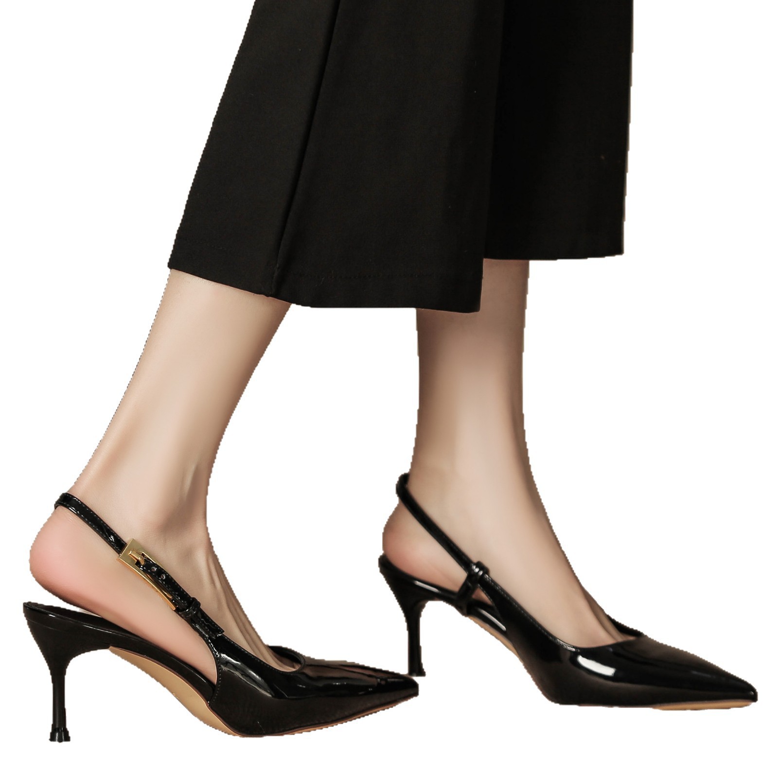 High-heeled women's 2025 new style metal thin-heeled pointed-toe one-shoulder strap seductive red patent leather flip-flops Item Picture