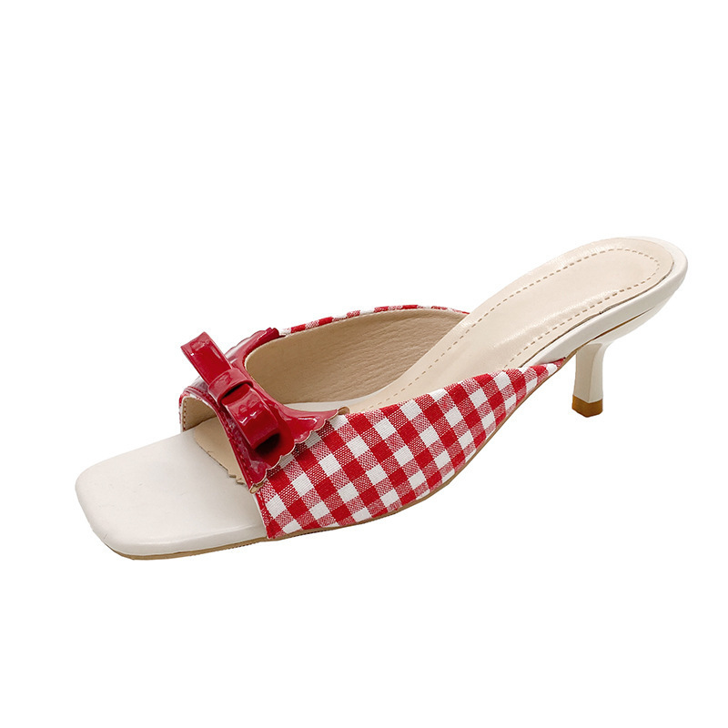 High-heeled flip-flops 2025 summer open-toe one-shoulder high-heeled flip-flops square-toed French checkered outerwear thin-heeled flip-flops Item Picture