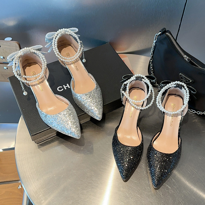 Silver high-heeled wedding shoes for women, slender heels, 2025 new style, pointed rhinestone bow, two-piece beaded chain single shoes full figure