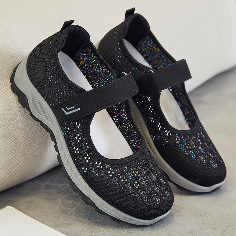 Shoes for women, middle-aged and elderly mothers: Versatile, breathable mesh shoes, soft-soled, comfortable walking shoes, Velcro style, flying woven shoes details Picture