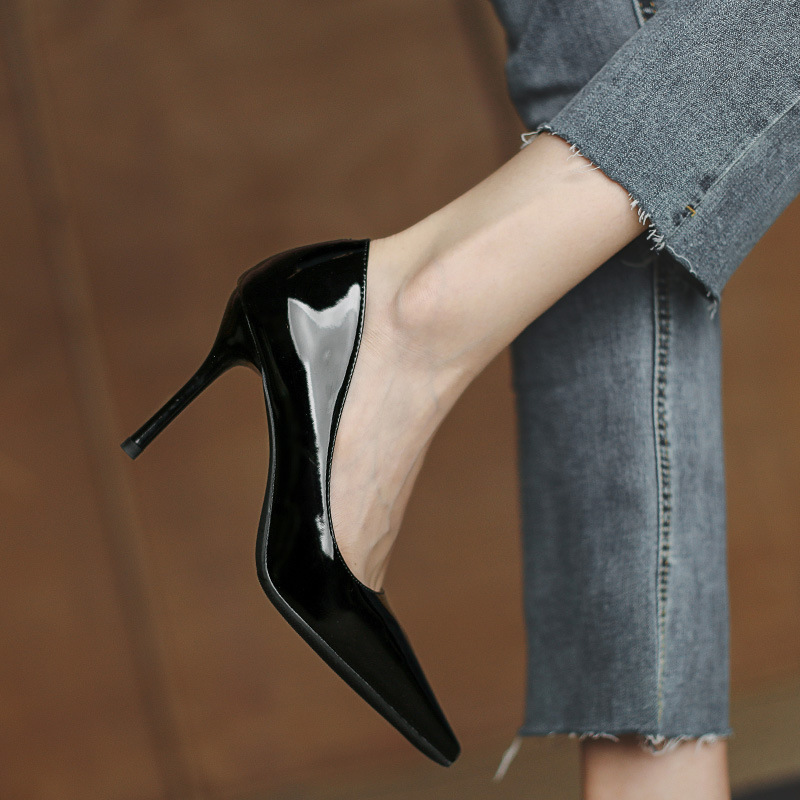 Nude high heels with thin heels, 2024 new Spring and Autumn style, patent leather, French pointed-toe, shallow opening, versatile, professional style, single shoes for women Specification drawing