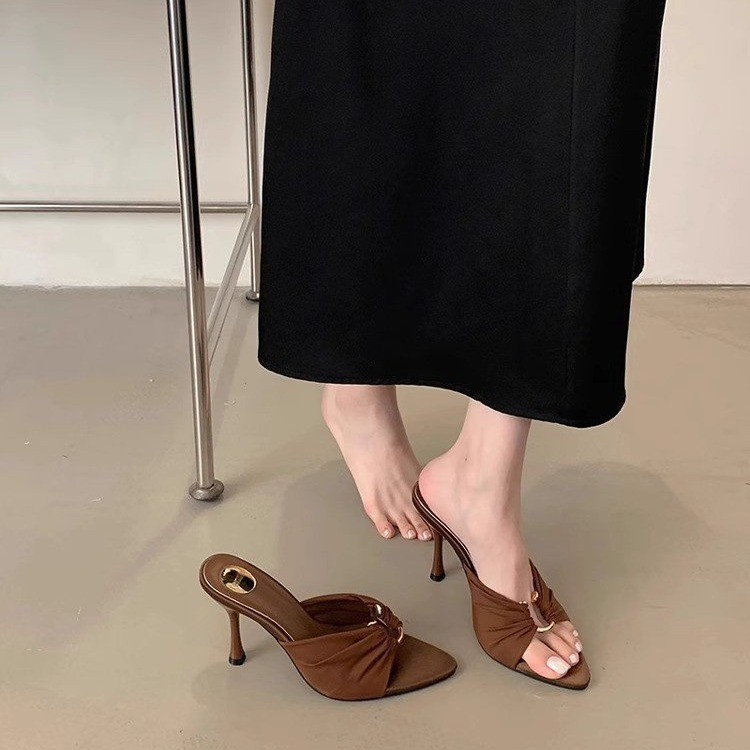 High-heeled women's 2025 summer new style pleated metal buckle stylish pointed toe toe-exposed flip-flops sexy thin-heeled slippers Specification drawing