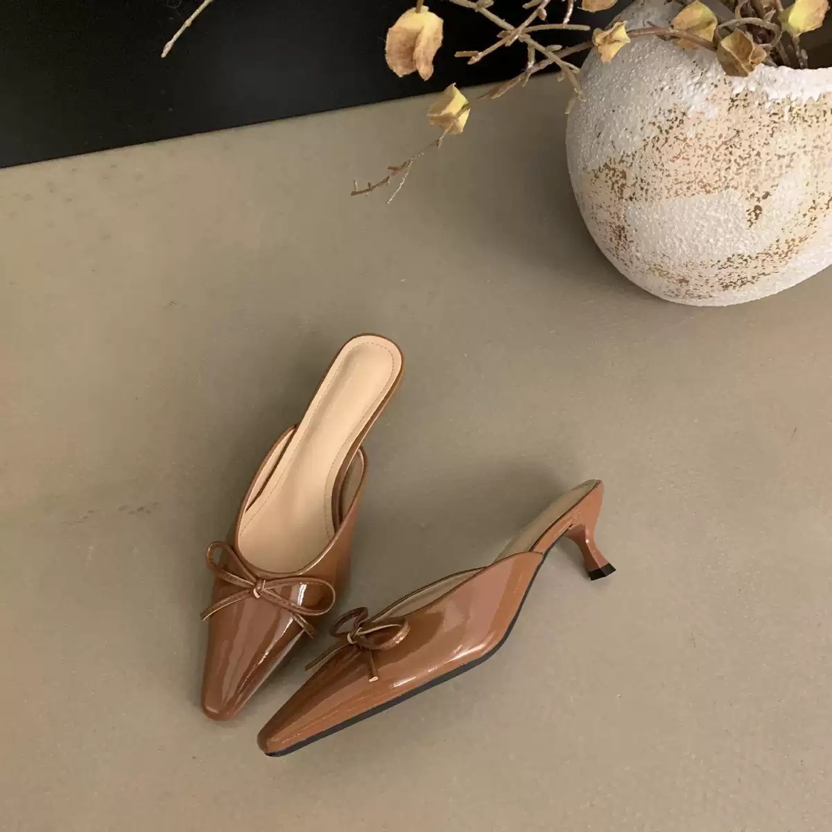 Summer 2025 new style bow mid-calf mules, flip-flops, women's pluse-size high-heeled single sandals Specification drawing
