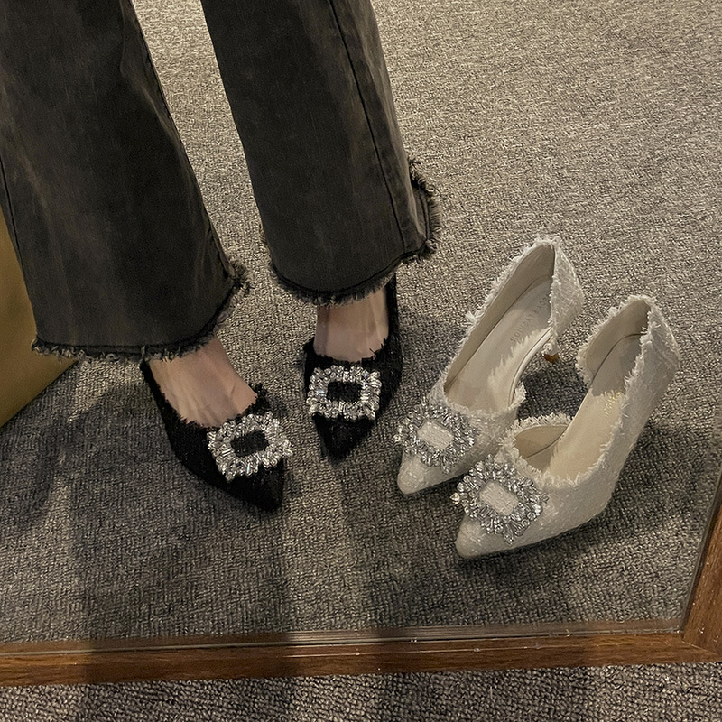 High-heeled women's 2025 summer new niche design French pointed-toe shoes with thin heels and chanted water diamond single shoes full figure
