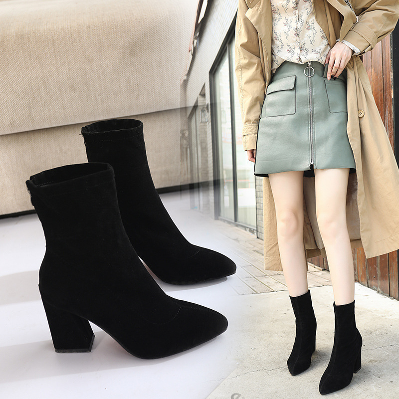 Women's boots 2025 New Korean version autumn and winter mid-calf pointed-toe chunk-heeled short boots for women, high heels for women, elastic boots for women full figure