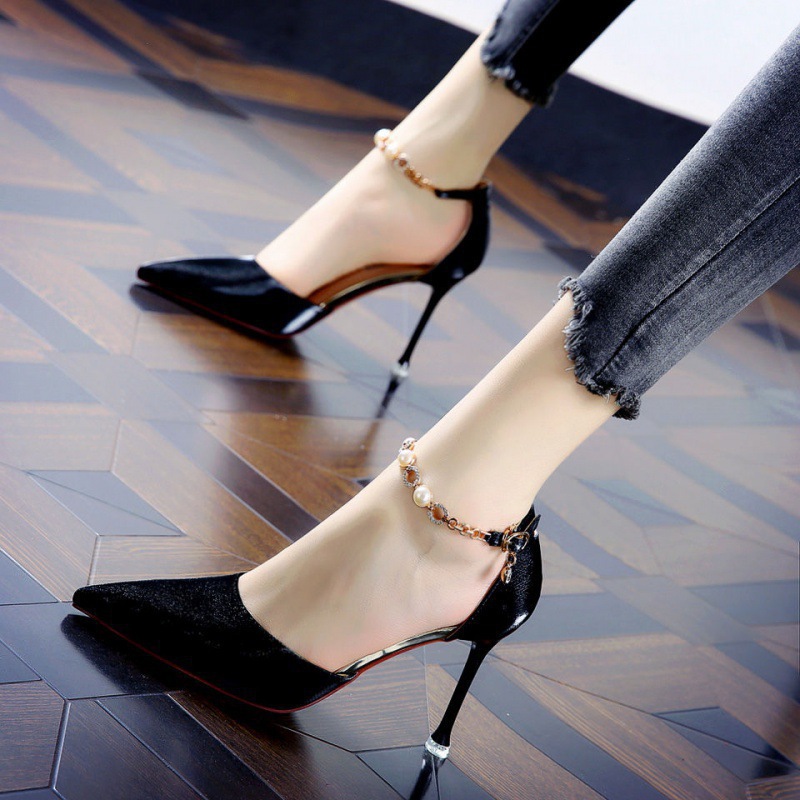 Red soled high heels, sexy satin one-shoulder buckle, pointed rhinestone, red 2025 spring thin-heeled dress women's single shoes full figure