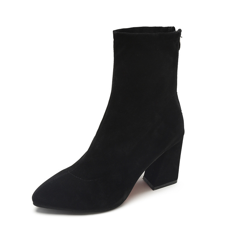 Women's boots 2025 New Korean version autumn and winter mid-calf pointed-toe chunk-heeled short boots for women, high heels for women, elastic boots for women Item Picture