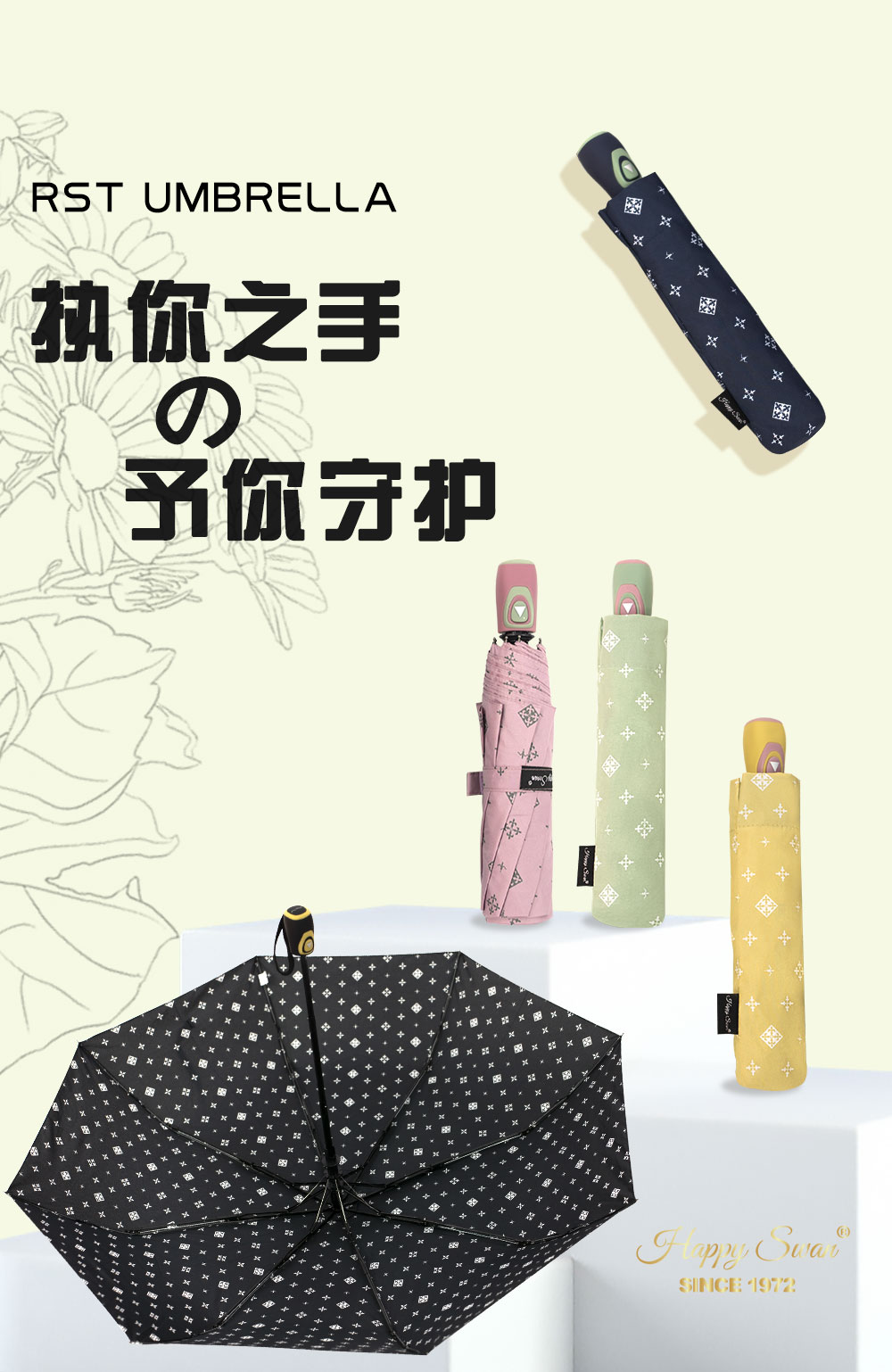 【出欧美】小碎花三折自开伞外贸雨伞彩色图案190T碰击布详情2