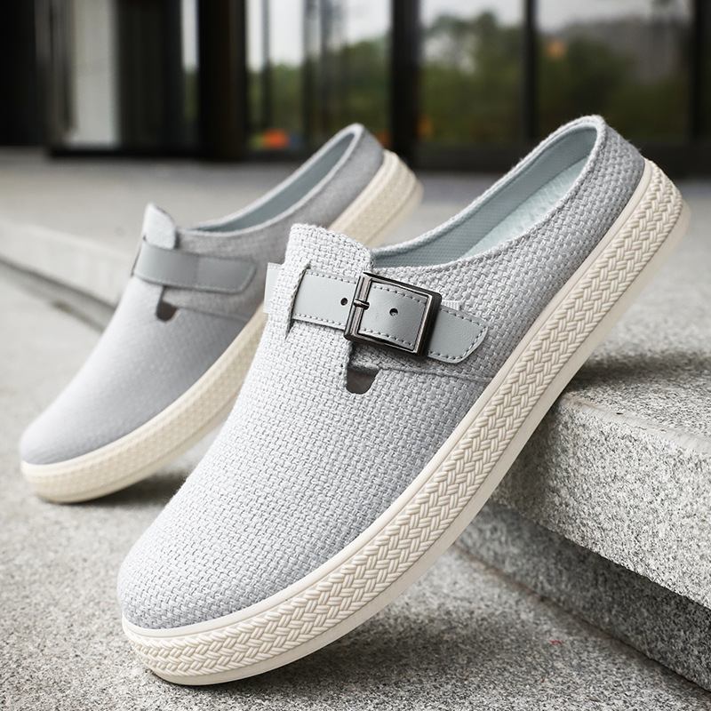 Men's shoes, flip-flops, summer new style, perforated breathable semi-flip-flops, woven soft-soled casual shoes, simple men's single shoes details Picture