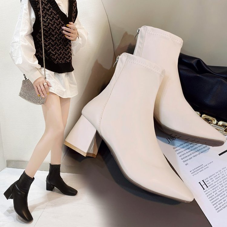 Martin Boots Women 2024 New Style Women's Boots Winter European and American style square toe back zipper leather boots Women's style thick heel mid-heel boots Women Specification drawing