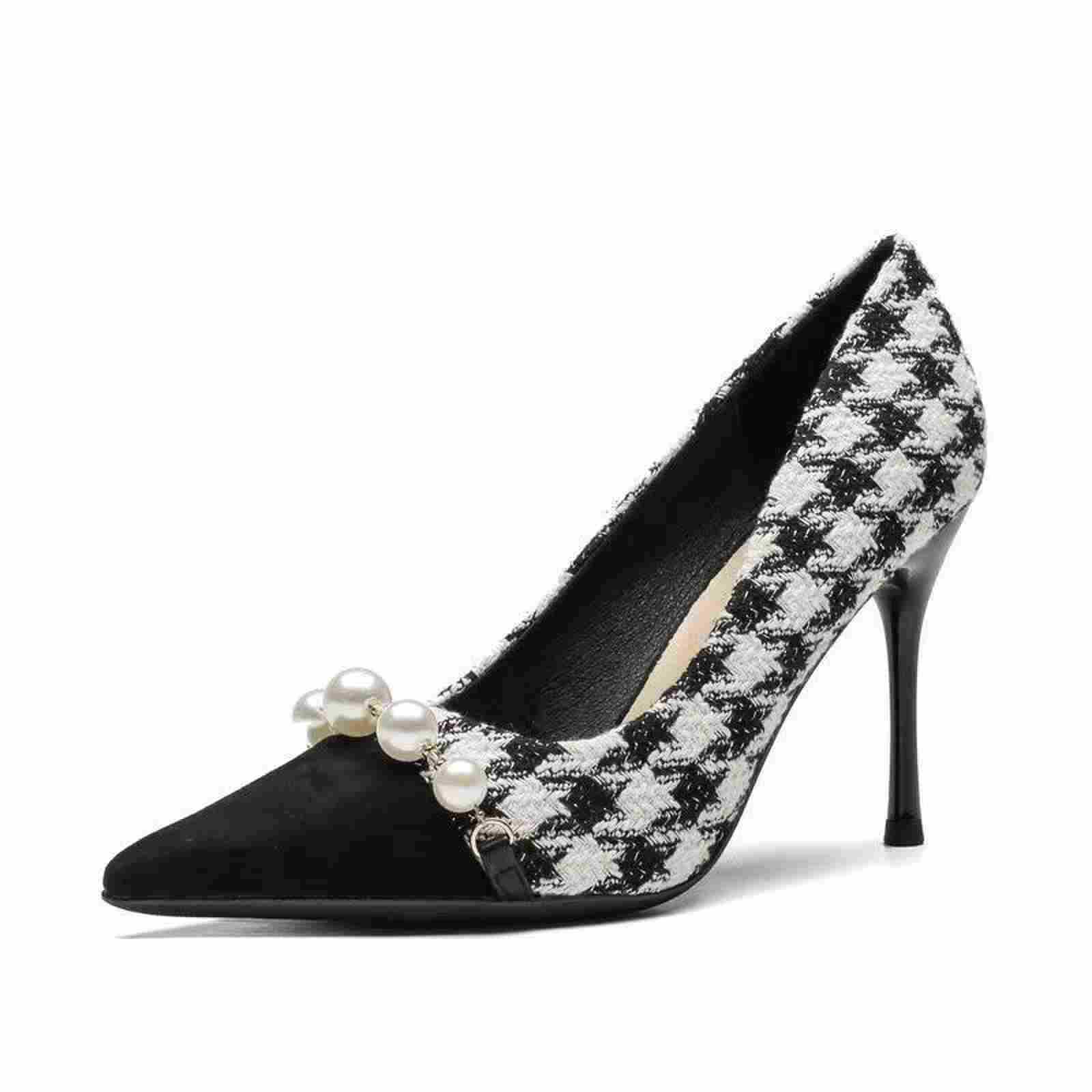 The 2023 new Chanel style slim heel bestseller, French checkered high heels, color-matching and versatile pearl single shoes for women's autumn and winter Item Picture