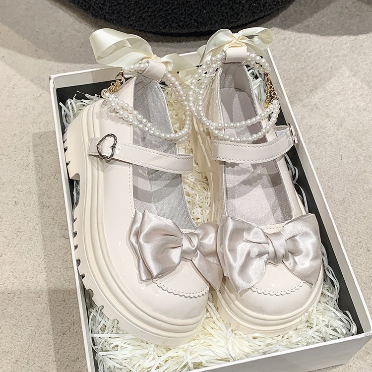 Single-shoe women's 2025 spring new style one-strap bow ribbon beaded small leather shoes, round toe, thick heel high heels full figure