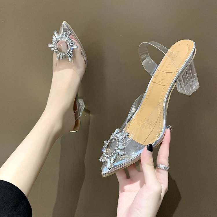 New Spring/Summer 2025 style pointed-toe one-line high heels with sunflowers, transparent crystal shoes, thick-heeled wine glass sandals for women Application Scenario