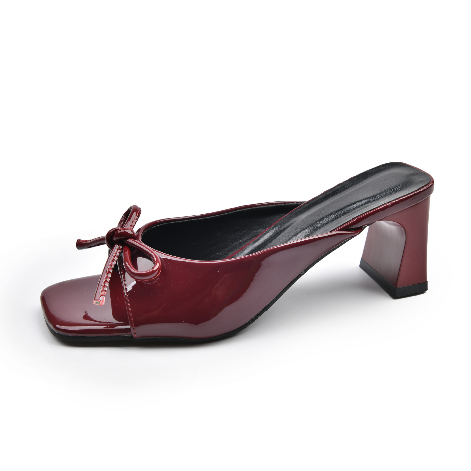 French bow thick-heeled flip-flops for women to wear outside, 2025 new summer cross-border large-sized fish-mouth open-toe high heels Item Picture