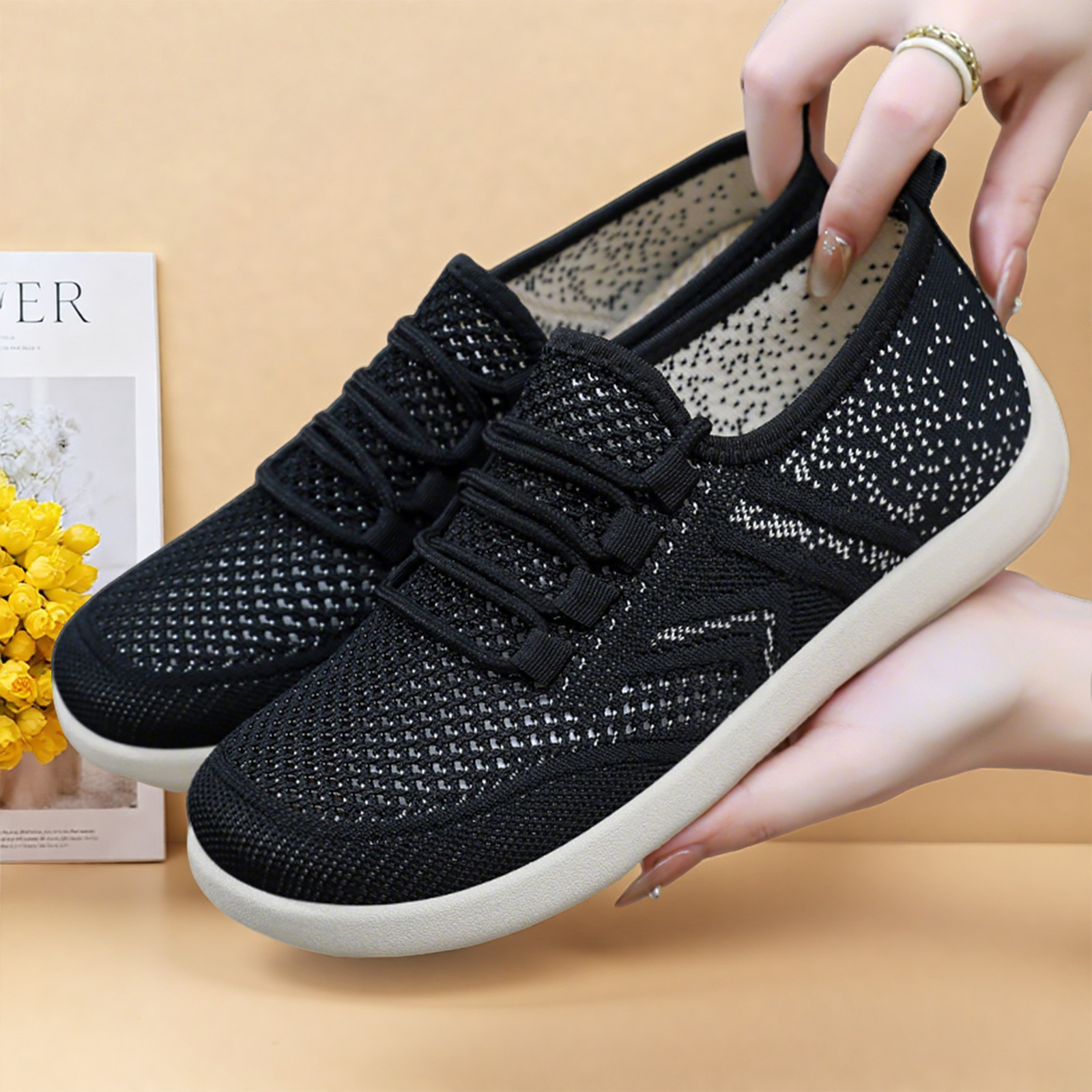 New women's casual shoes made of woven fabric are light, breathable, single shoes, cross-border hair-making, soft-soled, comfortable and simple lace-up mesh shoes Specification drawing