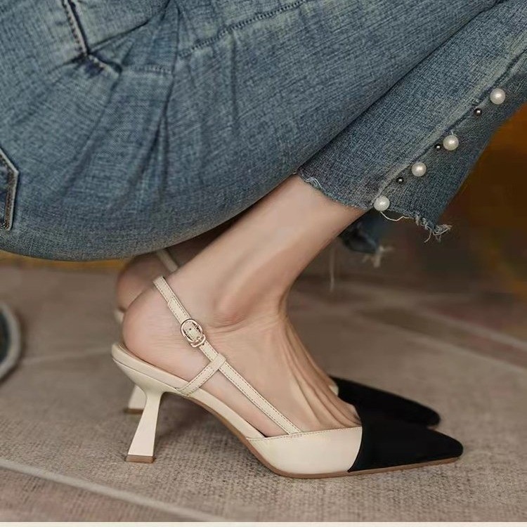 French niche flip-flops for women, 2025 summer new style, pointed-toe one-button color-blocked thin-heeled shallow-toed high heels Application Scenario