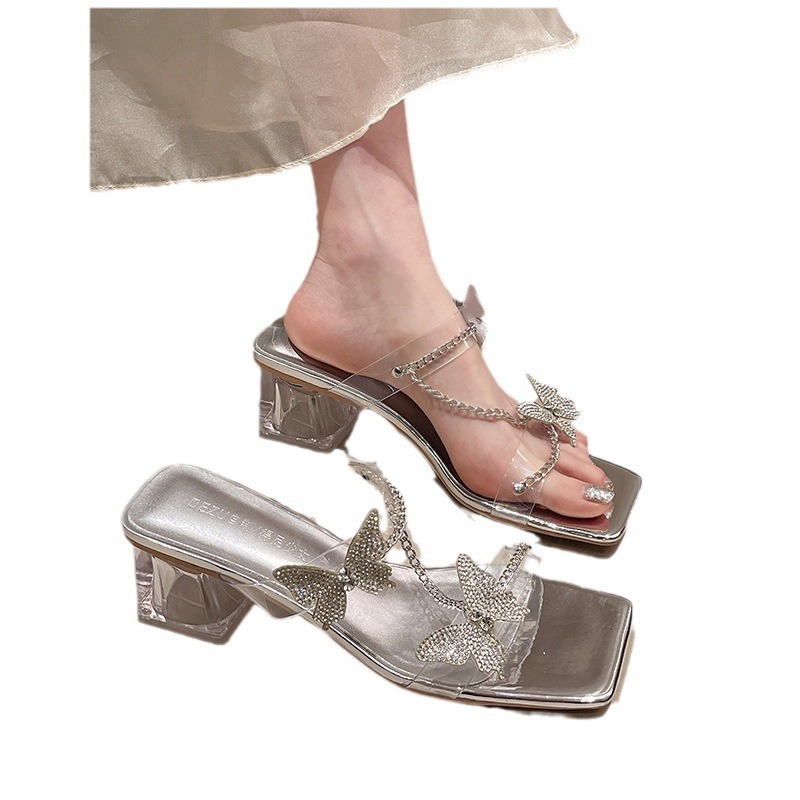 Summer 2024 new bow rhinestone high-heeled flip-flops for women, thick-heeled transparent, stunning silver high-heeled flip-flops Item Picture